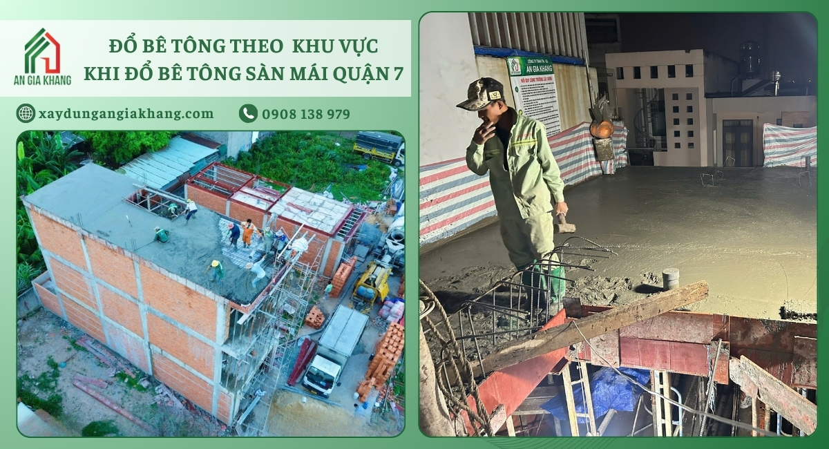 Đổ bê tông theo khu vực, nén chặt bằng máy rung