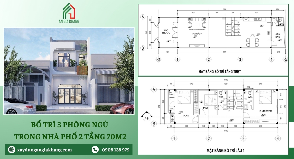 Bố trí mặt bằng công năng nhà 70m2 2 tầng 3 phòng ngủ