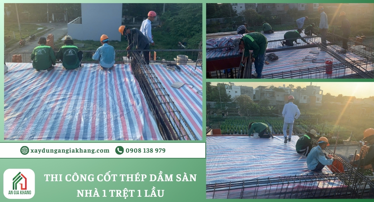 Thi công đổ bê tông dầm sàn lầu 1