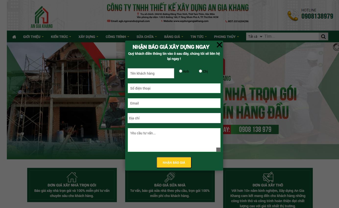 Nhận báo giá xây nhà - Website An Gia Khang.