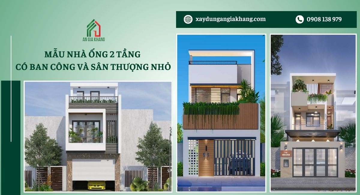 Mẫu nhà ống 2 tầng có ban công và sân thượng nhỏ 