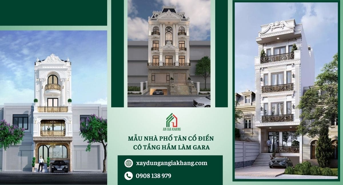 Mẫu nhà phố tân cổ điển có tầng hầm làm gara