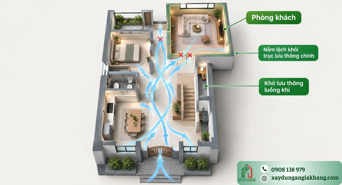 Phòng khách không nằm ở vị trí trung tâm