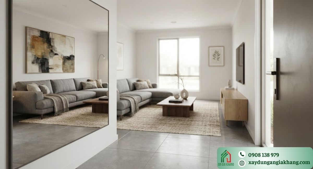 Gương được bố trí hợp lý trong phòng khách