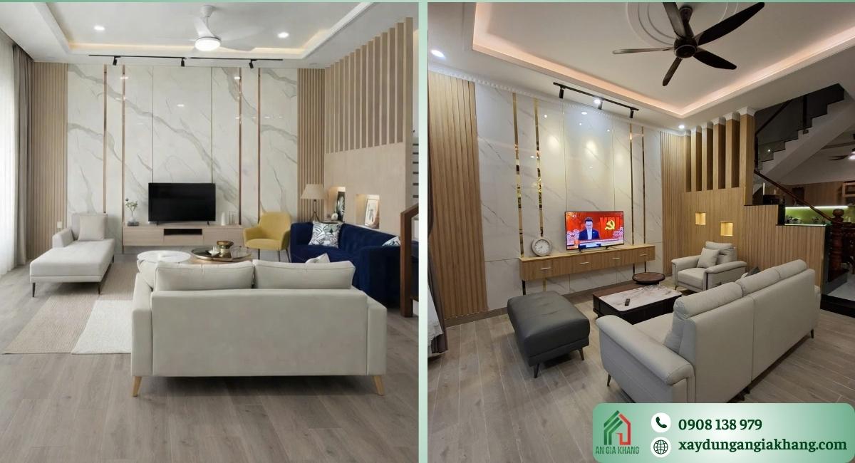 Phòng khách phối màu tường sàn và nội thất hài hòa