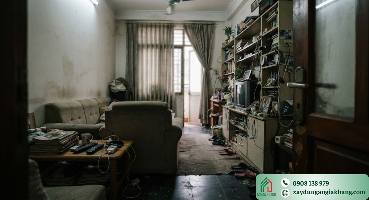 Phòng khách bừa bộn và thiếu ánh sáng