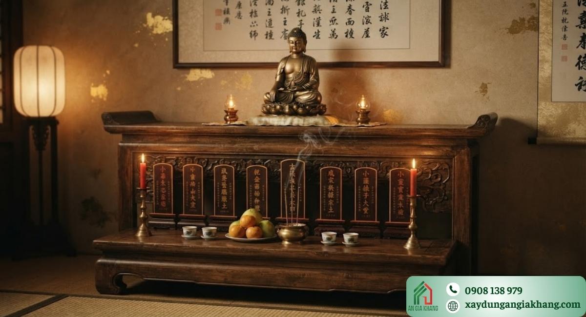 Bố trí bàn thờ Phật và bàn thờ gia tiên trong cùng không gian