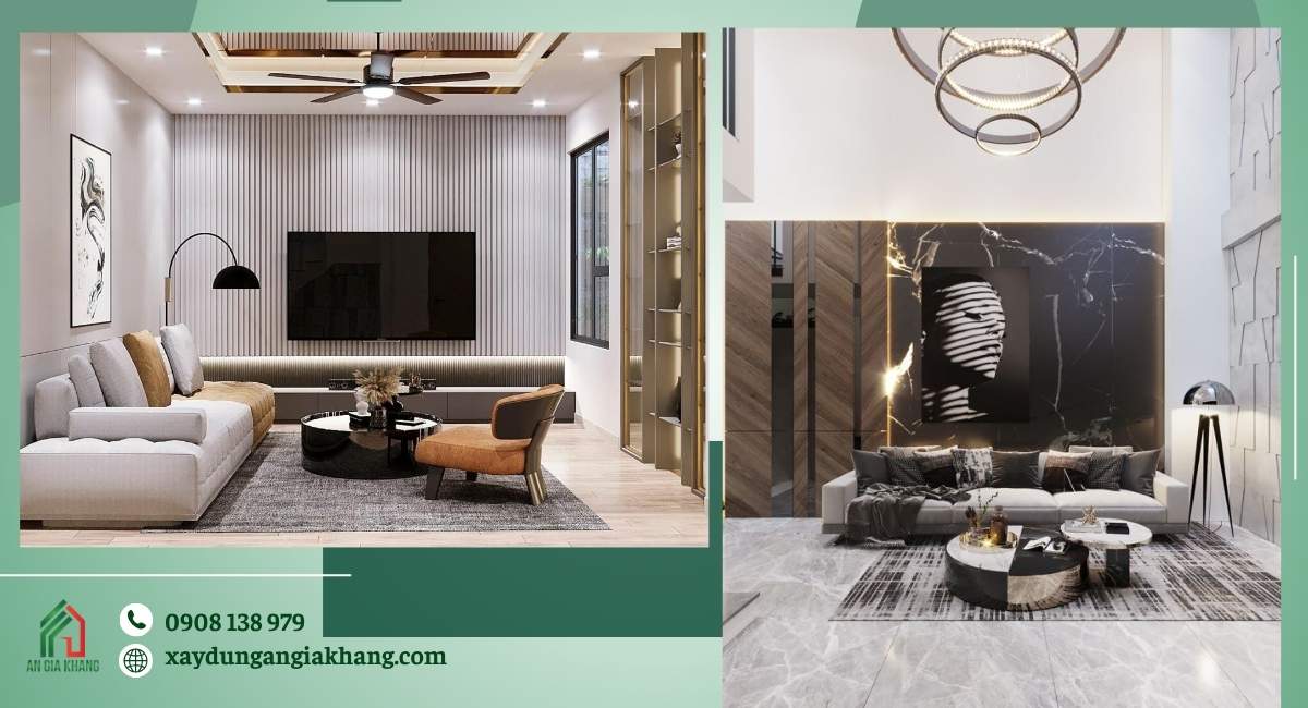 Thi công nội thất phòng khách hiện đại đơn giản tiết kiệm chi phí
