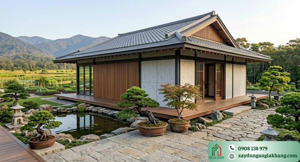 Mầu thiết kế nhà vườn 1 tầng mái Nhật