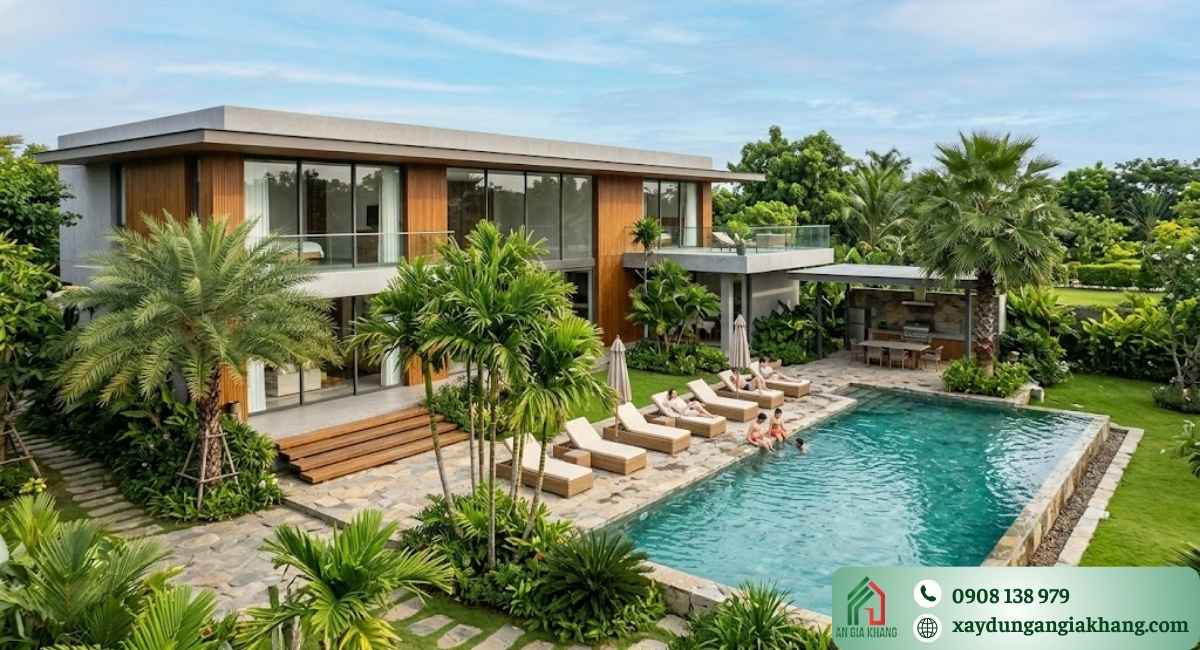 Mẫu biệt thự nhà vườn 2 tầng có hồ bơi