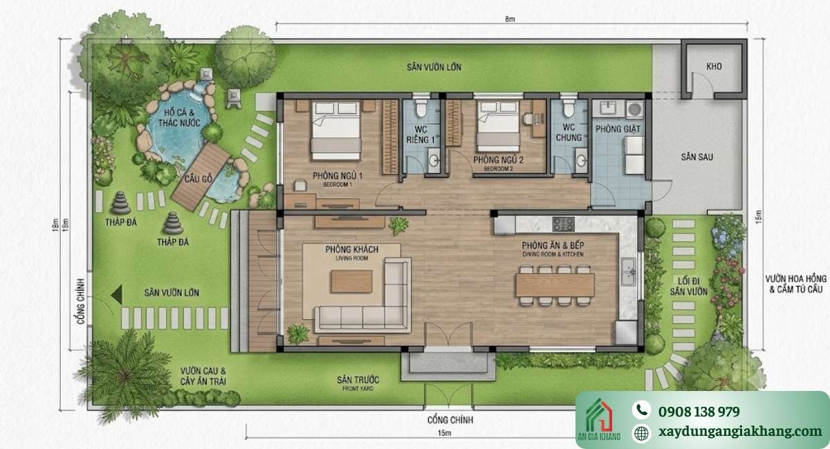 Nhà vườn cấp 4 có hồ cá và tiểu cảnh