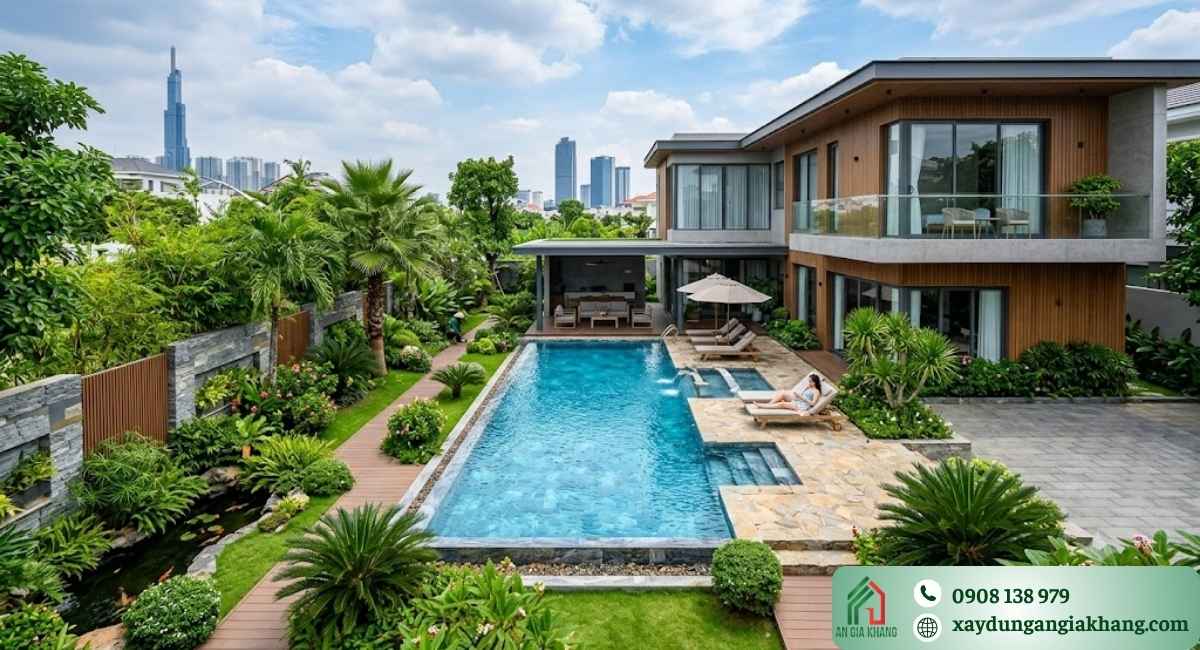 Mẫu nhà vườn hiện đại có hồ bơi đẹp