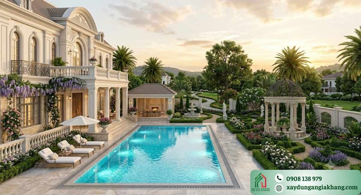 Nhà vườn tân cổ điển có hồ bơi đẹp